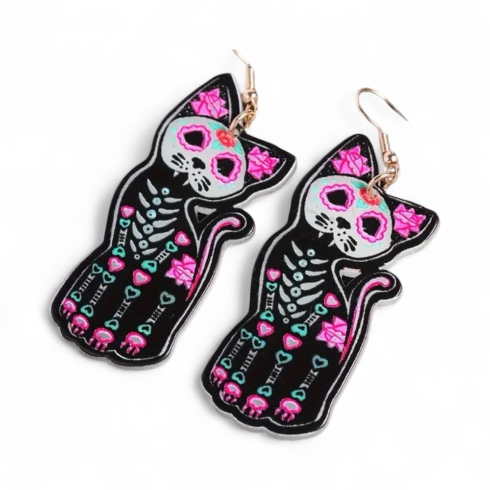 Glow in the Dark Day of the Dead Cat Earrings - Picture 1 of 3